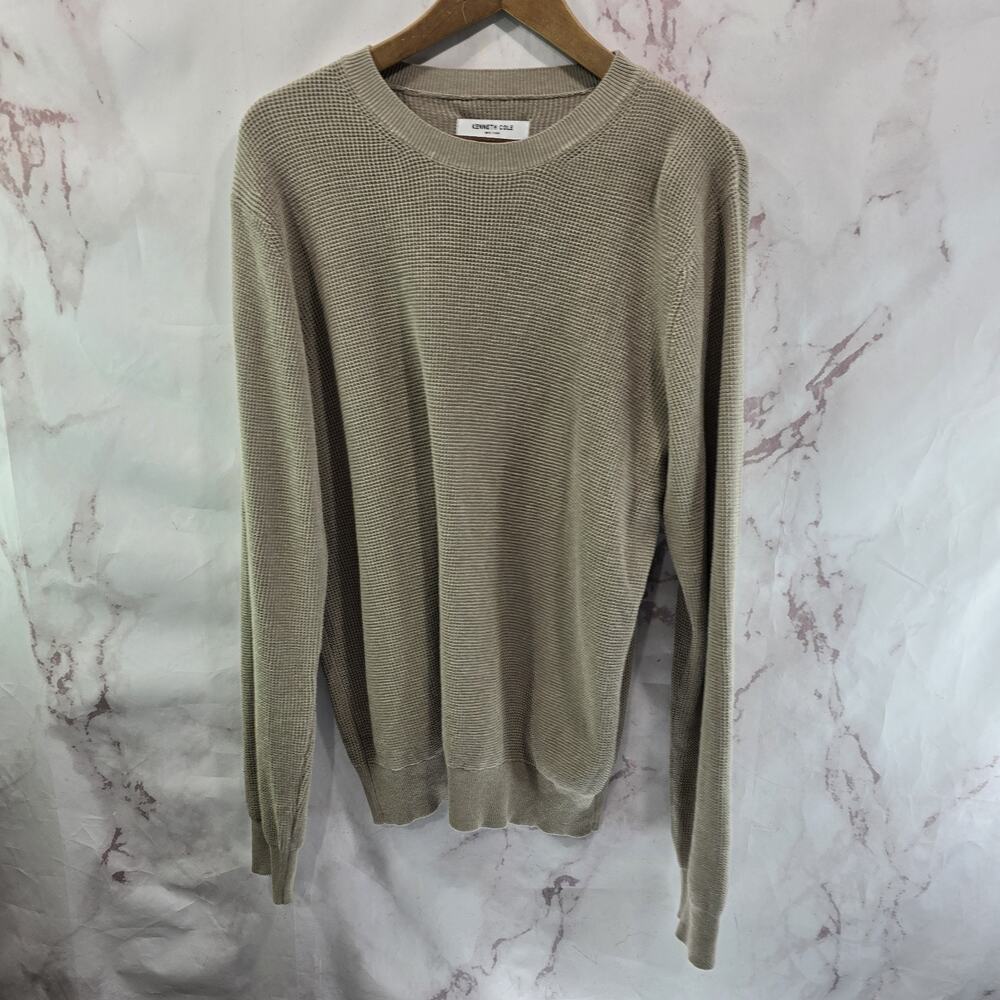Kenneth Cole Sweater Mens Large Beige Tan Brown Crew Neck Y2K Cotton Blend